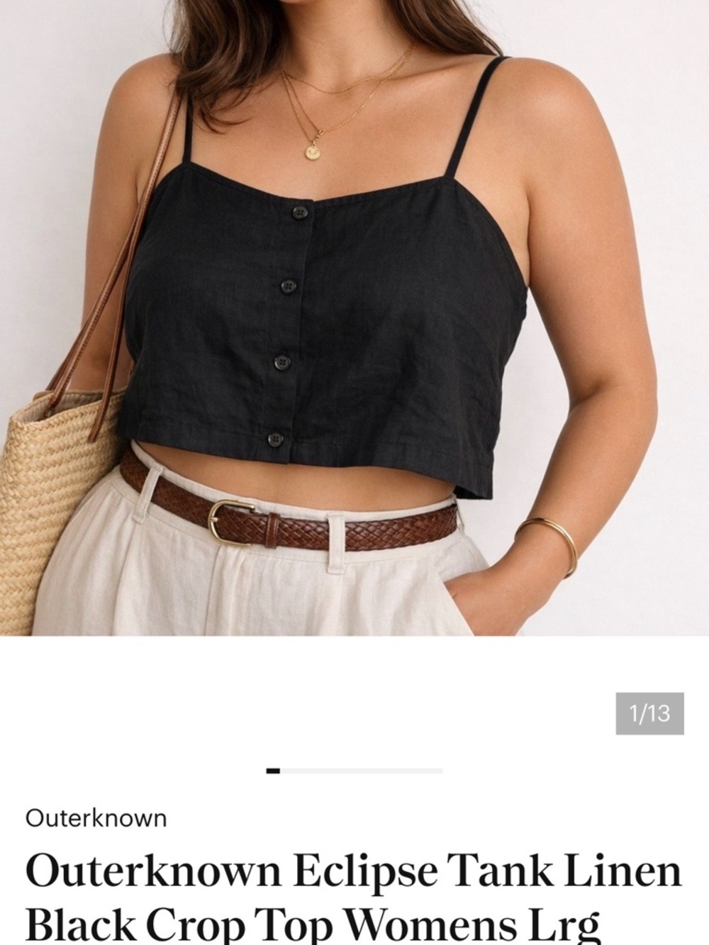 Outerknown Black LINEN Button-Front Crop Tank